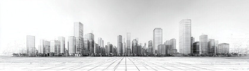 A black and white 3D wireframe cityscape showing high-rise skyscrapers and detailed urban infrastructure in architectural blueprint style