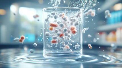 Dynamic splash of colorful particles in a glass, showcasing scientific exploration in a lab setting with a focus on chemistry.