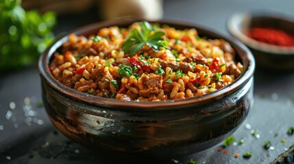 a close up of a bowl of food on a table