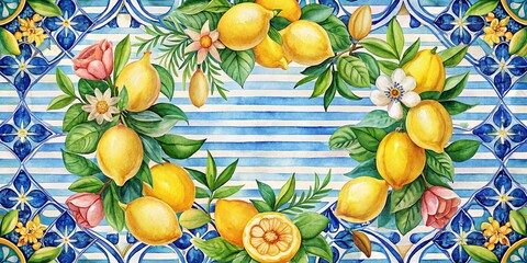 Elegant Watercolor Lemons and Flowers with Mediterranean Tiles Background for Invitations and Cards