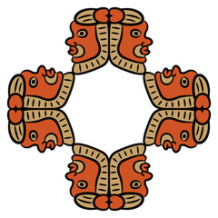 Cross shape ethnic frame with heads of ancient Egyptian god Bes. Isolated vector illustration.