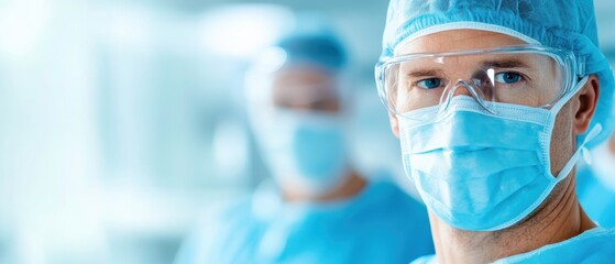 Focused healthcare professional wearing personal protective equipment, ready for surgery in a sterile environment.
