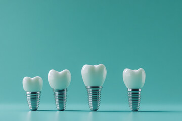 Dental implants on a blue background, showcasing precise craftsmanship and modern dental technology in a clinical setting.