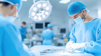 Focused surgeon performing a procedure in a sterile operating room, showcasing teamwork and precision in medical practice.