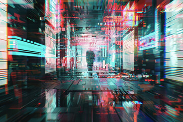 Futuristic cityscape with walking figure in digital matrix, neon lights, science fiction concept