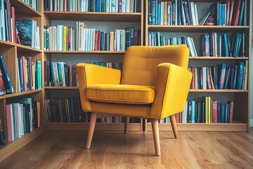 Yellow armchair in a library.