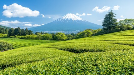 Fototapeta premium A panoramic view of green tea fields with Mount Fuji in the background, highlighting Japan's natural beauty and agricultural heritage.