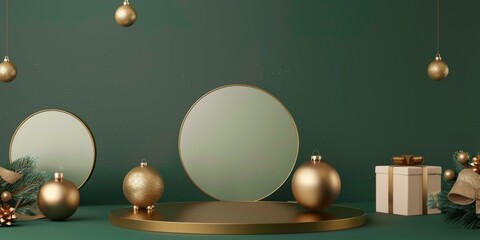 Christmas decoration concept with golden accessory and empty podiums displayed on green background Scene for advertising with blank space for presentation products Front view