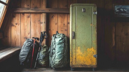 Rustic Wooden Cabin Interior with Backpacks, Hiking Sticks, and a Vintage Metal Cabinet