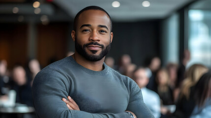Obraz premium Confident man posing in a professional setting with a blurred background.