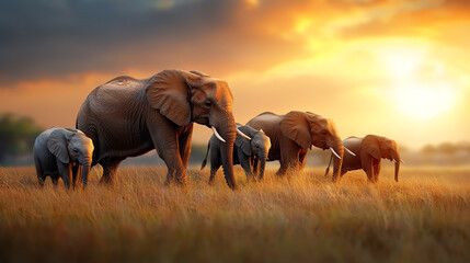 Fototapeta premium A side view of a herd of elephants walking across a grassland, with the sun setting behind them