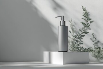 Grey Bottle Mockup on White Platform with Greenery