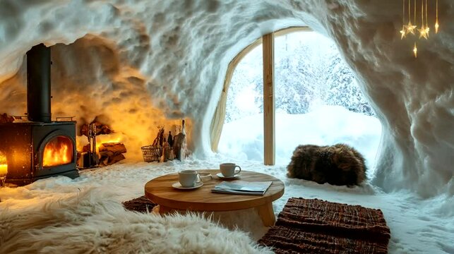 Inside a warm, cozy igloo with a fireplace and a view of the snowy outdoors, wood and fur decor. Seamless loop video background