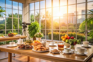 Empty Morning Show Television Set with Coffee and Breakfast Spread for Food Photography