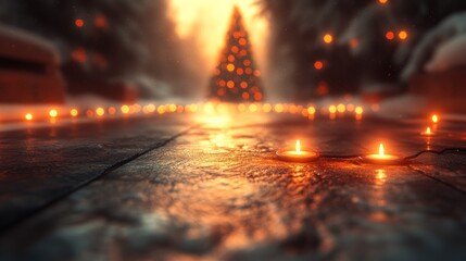 A serene winter scene with candles and a Christmas tree.