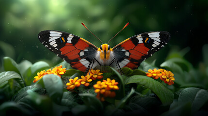 A top view of a colorful butterfly perched on a flower in a lush garden
