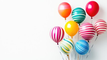 Obraz premium playful arrangement of striped balloons in vibrant colors on clean white background, perfect for fun and energetic setting