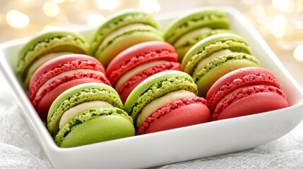 Colorful macarons arranged in a decorative bowl against a blurred background