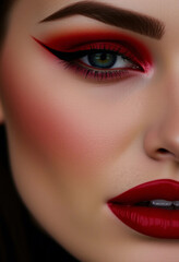 Close-up of a person with bold red lips and vibrant eyeshadow in red, yellow, and black hues. Showcases creativity and modern beauty trends with striking color contrasts and artistic makeup.

