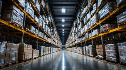 A factory warehouse storing products freshly produced from the assembly line, ready to be distributed globally