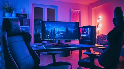 Modern gaming setup with colorful lighting and sleek design