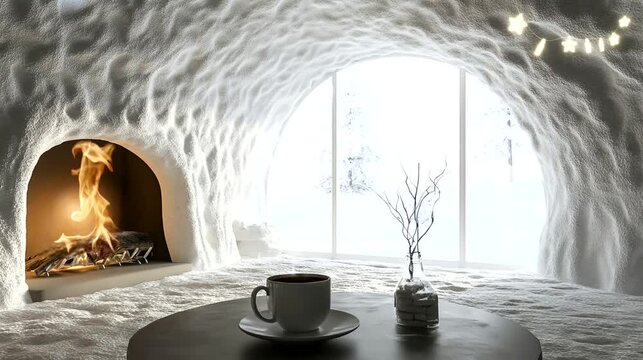 Igloo interior with fireplace and coffee cup on wooden table. Seamless looping time-lapse 4k video background