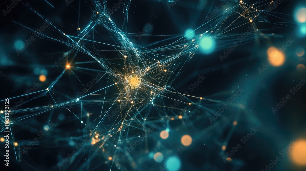 Poster abstract digital nodes and network pathways, reflecting the interconnected world of technological pr