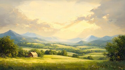 Naklejka premium Countryside Cabin with Mountains and Golden Sky Oil Painting