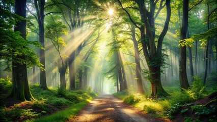 Fototapeta premium Enchanted Forest Path with Sunbeams - Nature's Serenity in Misty Wilderness