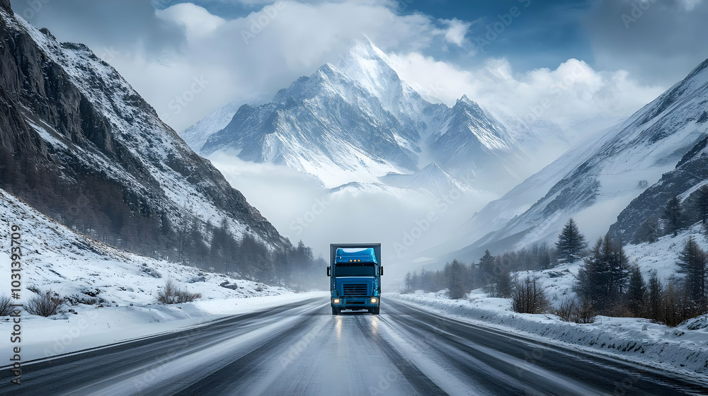 Sticker A blue truck travels through a snowy mountain landscape.