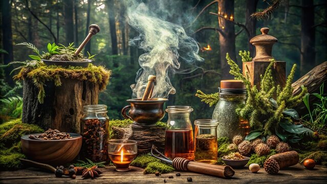 Enchanted Old Baba Jaga Product Photography with Mystical Elements and Natural Textures
