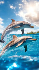 A front view of a pod of dolphins swimming through the ocean, jumping out of the water playfully