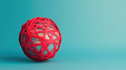 Suspended globe in a web of red tape symbolizing the complexity and challenges of global trade barriers bureaucratic entanglement and international restrictions