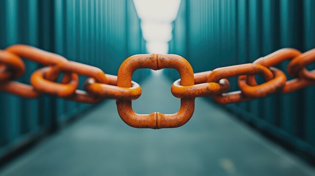 Heavy chains and padlocks locked on a shipping dock creating a visual metaphor for a trade blockade shipping freeze or commercial and economic standstill  The deep depth of field and moody