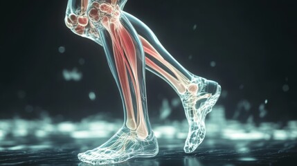A digital depiction of a human leg in motion, highlighting the anatomical structure with visible muscles and bones against a dark background.