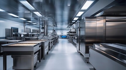 A modern production line in a food processing factory, with automated sorting and packaging systems