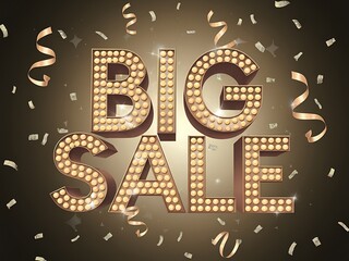 3D Golden "Big Sale" Sign with Confetti and Ribbons