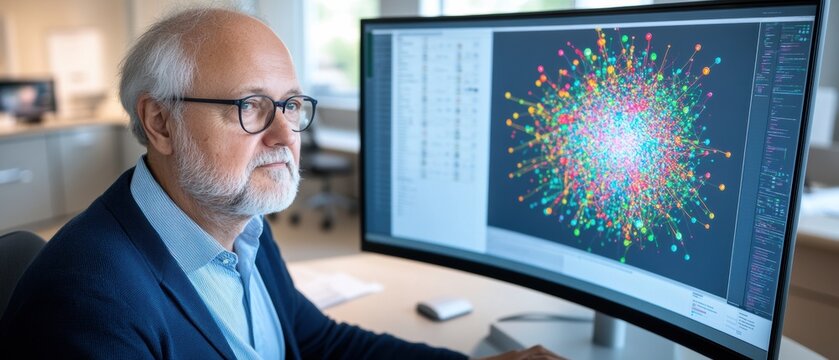 Senior scientist analyzing complex data on a large monitor in a modern office environment, showcasing technology and research.
