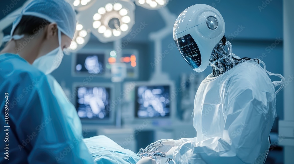 Wall mural ai robot assisting with robotic surgery and precise medical procedures under a doctors supervision