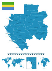 Gabon - detailed blue country map with cities, regions, location on world map and globe. Infographic icons. Vector illustration