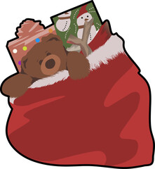 A cozy teddy bear peeks out from a festive red stocking, surrounded by colorful Christmas gifts. The scene captures the joy and warmth of the holiday season.