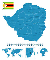 Fototapeta premium Zimbabwe - detailed blue country map with cities, regions, location on world map and globe. Infographic icons. Vector illustration