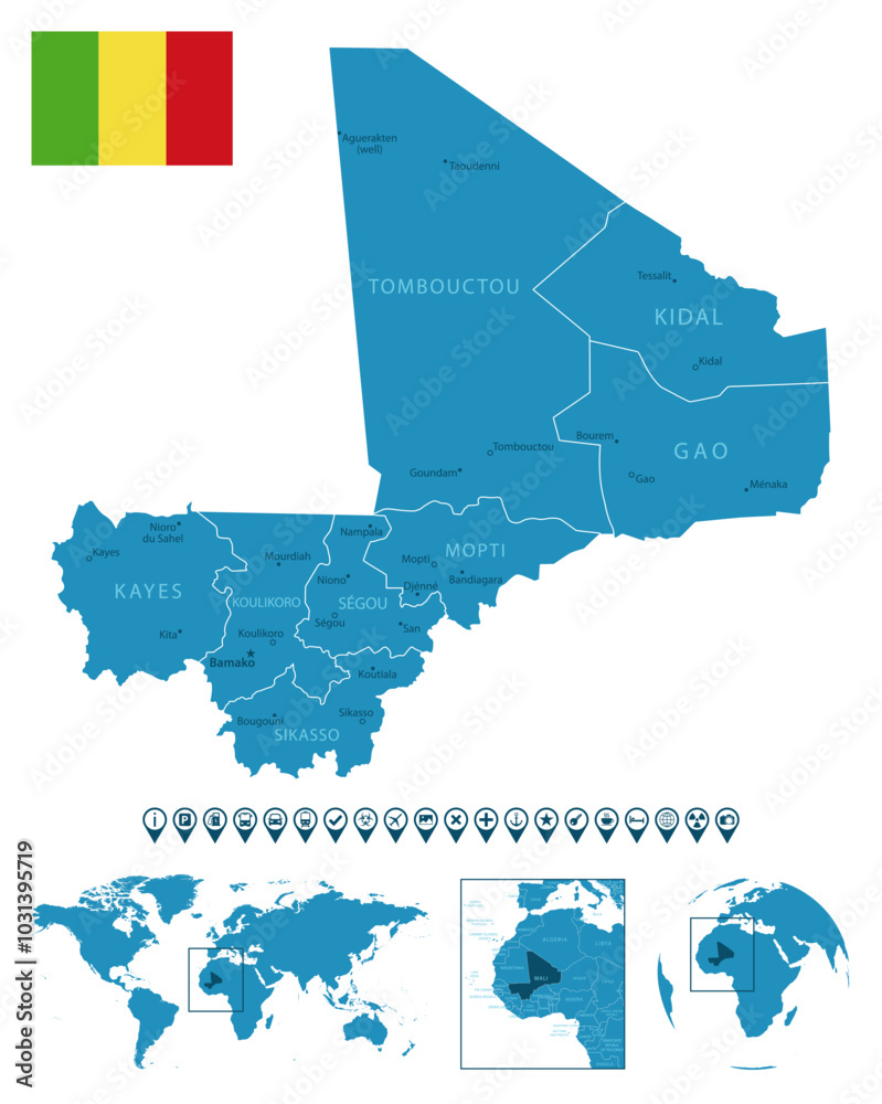 Wall mural mali - detailed blue country map with cities, regions, location on world map and globe. infographic 