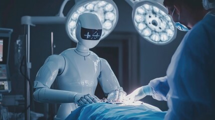 AI robot helping a doctor with robotic-assisted surgery in a state-of-the-art operating theater
