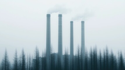 Fototapeta premium Haunting factory scene surrounded by lifeless barren trees and blanketed in thick polluted fog visualizing the devastating impact of industry on the natural environment