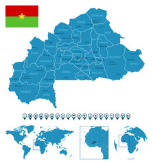 Burkina Faso - detailed blue country map with cities, regions, location on world map and globe. Infographic icons. Vector illustration