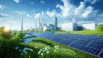 A renewable energy-powered factory, showcasing eco-friendly practices with minimal environmental impact