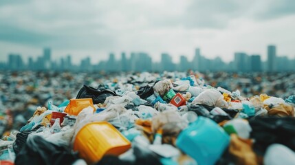 Aerial view of an overflowing landfill site with mountains of discarded waste trash and refuse highlighting the profound environmental impact and need for sustainable waste management solutions