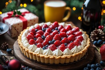 A beautiful strawberry tart with white cream and blueberries, perfect for a festive occasion. The tart is surrounded by festive decorations and a warm, inviting atmosphere. It's a beautiful and delici