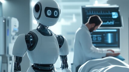 AI robot performing advanced health checks and assisting in patient care with guidance from a medical professional